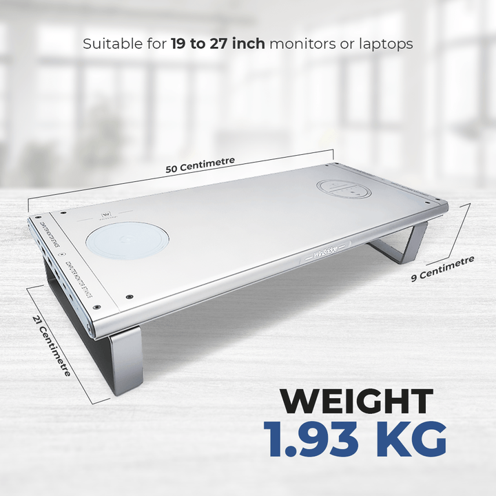 WinBridge Aluminum Monitor Stand with Wireless Charging, 6-in-1 USB-C Docking Station, Drawer, Desk Organizer for PC Monitor/Laptop Up to 27 inches