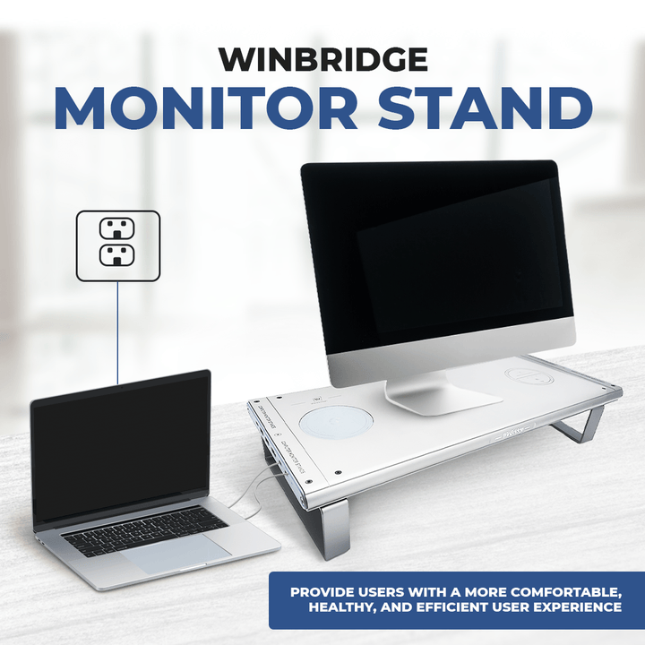 WinBridge Aluminum Monitor Stand with Wireless Charging, 6-in-1 USB-C Docking Station, Drawer, Desk Organizer for PC Monitor/Laptop Up to 27 inches