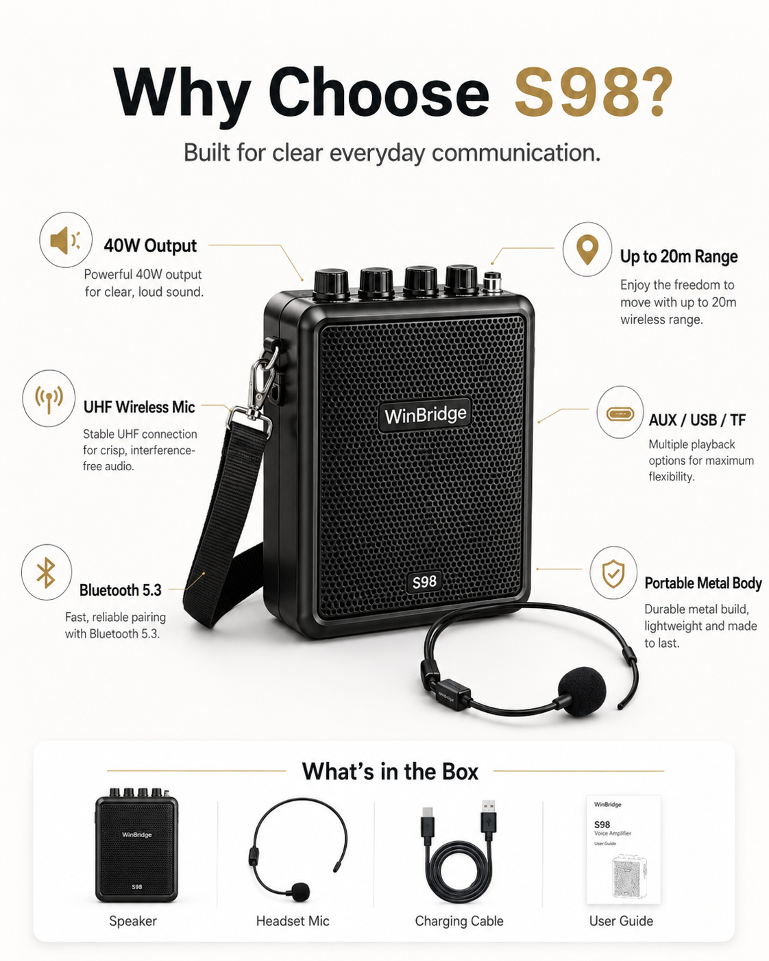 WinBridge S98 feature infographic and package contents